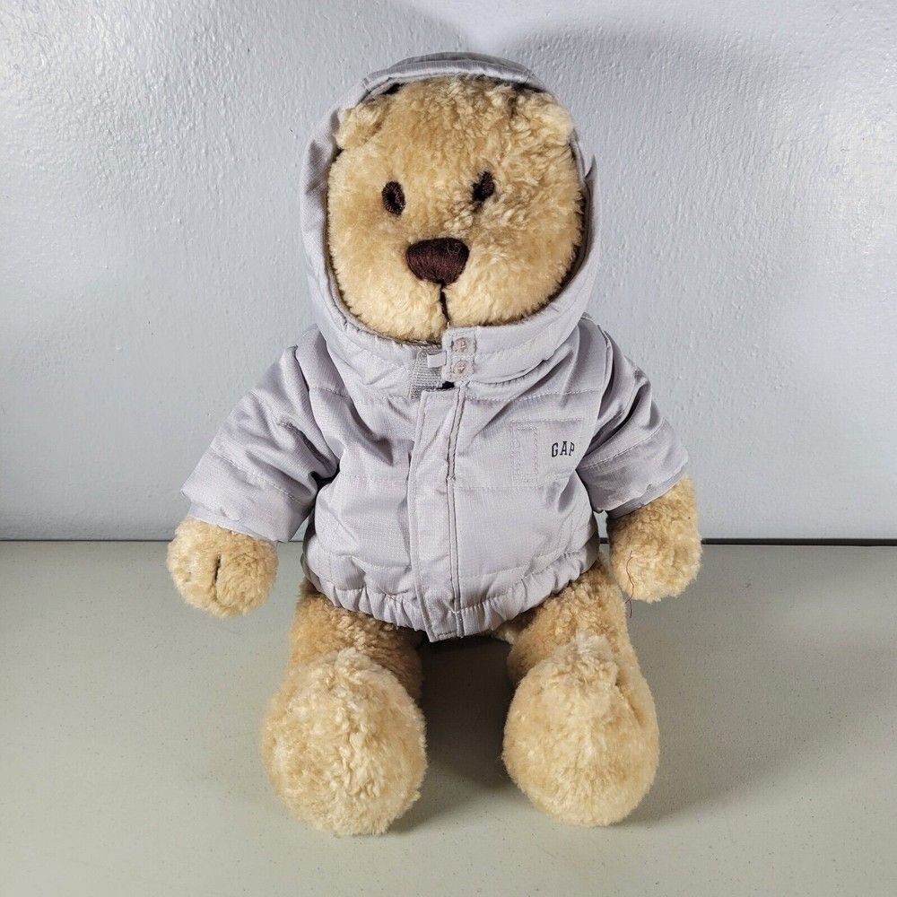 Baby Gap Teddy Bear Plush Tan Curly Fur with Gray Hoodie Jacket Coat 14" 2004
